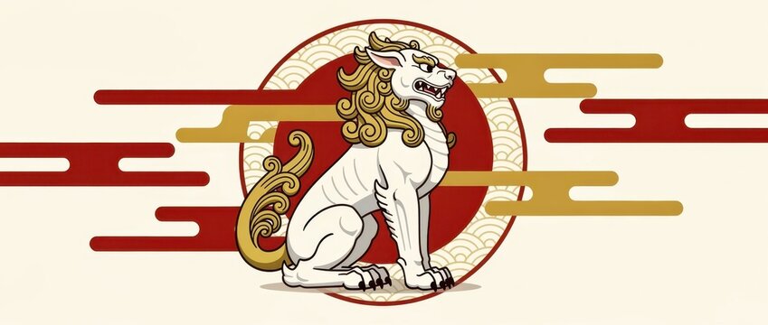 Chinese guardian lion illustration with a red sun background. White Shishi mythical creature featuring a golden mane and stylized clouds. Eastern cultural heritage concept for Asian design projects.