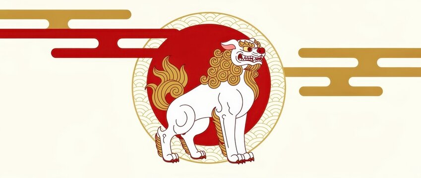 Traditional Japanese Komainu lion-dog illustration against a red sun. Stylized golden clouds and wave patterns accent the vector design. Cultural heritage concept for Asian-themed backgrounds.