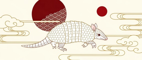Stylized armadillo illustration with traditional Japanese aesthetic elements. Golden line art clouds and red sun motifs on a cream background. Modern cultural fusion for creative branding.