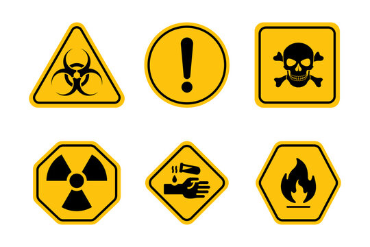 Triangular danger signs. Big yellow set. Vector graphics. Poison, Radioactive, Electricity, Fire