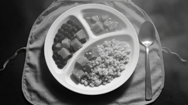 Black and white overhead view of a child's divided plate of food with a spoon and apron