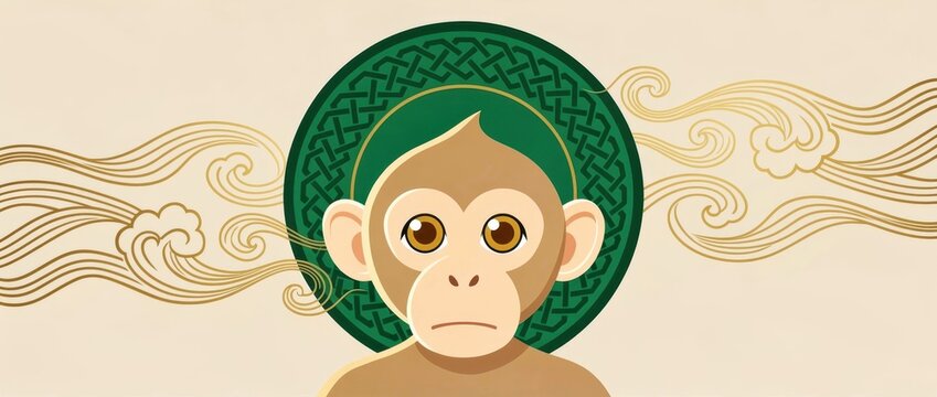 Stylized monkey illustration against a green decorative circular backdrop. Features golden traditional clouds and knot patterns. Ideal for Asian zodiac or cultural design themes.