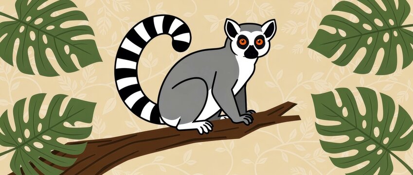 Illustrated ring-tailed lemur on a branch. Tropical character with monstera leaves and patterned background. Madagascar nature concept for educational marketing.