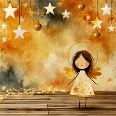 Obraz premium Cute Christmas Angel Watercolor Background – AI Generative