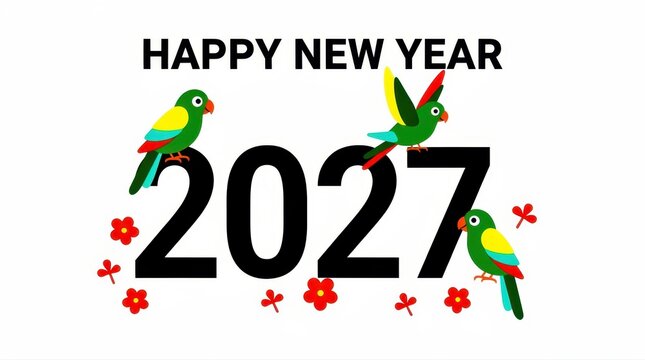 Happy New Year 2027 greeting text featuring colorful parrots and red flowers. Vibrant vector illustration of tropical birds on large black numbers. Festive card design for seasonal marketing.