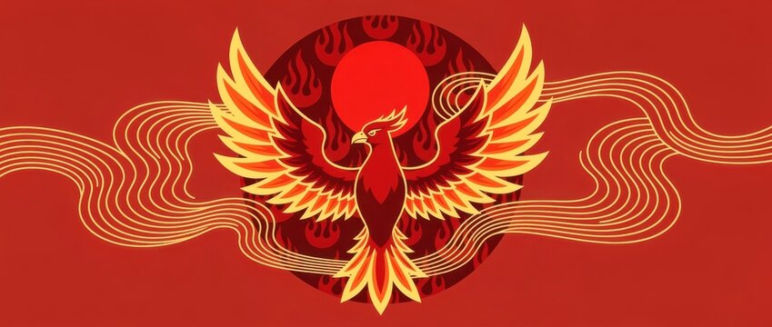 Phoenix rising with outspread wings against a red sun. Mythical firebird illustration with flame patterns and golden wave lines. Rebirth concept, ideal for fantasy branding and cultural headers.