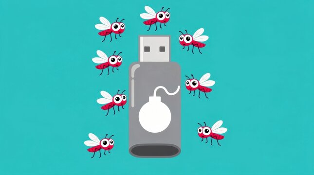 Cartoon USB drive with a bomb icon surrounded by red bugs. Digital insects swarming a flash drive on a teal background. Cybersecurity threat and software bug concept for IT security awareness.
