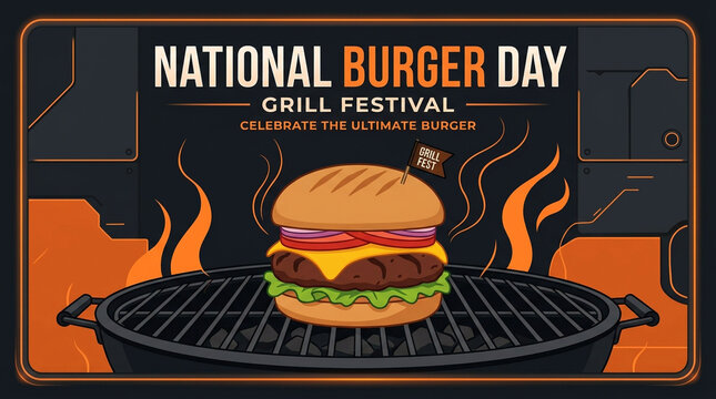 National Burger Day Grill Festival Illustration, Fast Food Banner, Gourmet汉堡, BBQ Design, Cooking Concept, Summer Party Poster, Vector Artwork