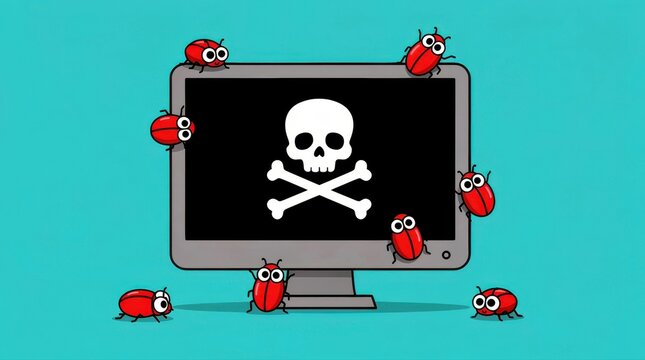 Computer monitor displaying skull and crossbones with red cartoon bugs crawling around. Digital illustration representing malware and software glitches. Cybersecurity concept for tech support.
