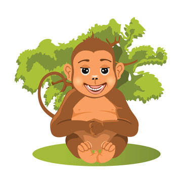Happy cartoon monkey sitting in front of green tree 