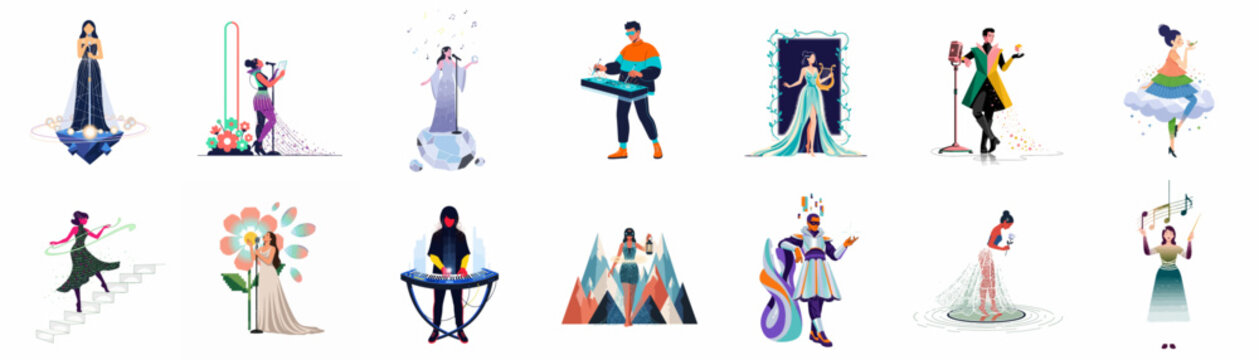 Large Collection of Diverse Creative Characters Including Musicians, Singers, DJs, and Dancers in Modern Flat Vector Illustration Style, Perfect for Arts, Music, and Entertainment Projects