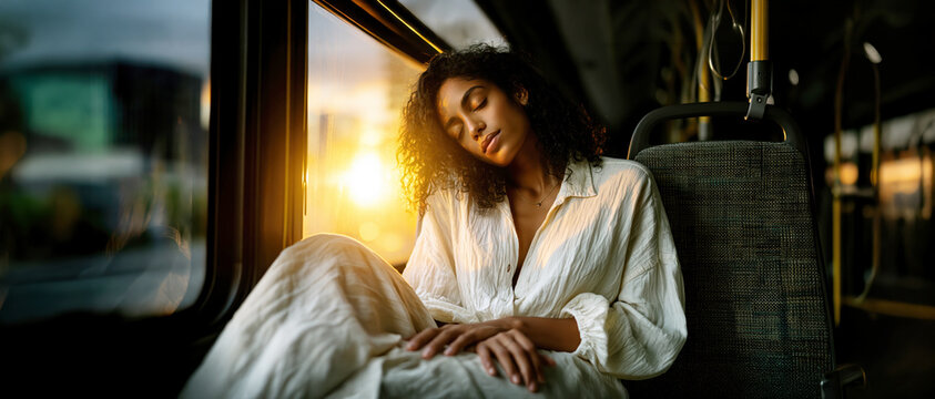 Peaceful Young Woman Resting on a Bus During Golden Hour &ndash; AI Generative &ndash; no real persons