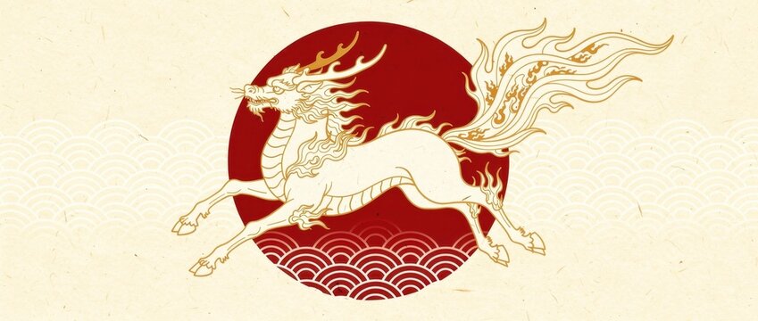 Golden Qilin mythical creature leaping in front of a red sun. Traditional Chinese kirin illustration with stylized waves on textured paper. Asian mythology concept for Lunar New Year graphics.