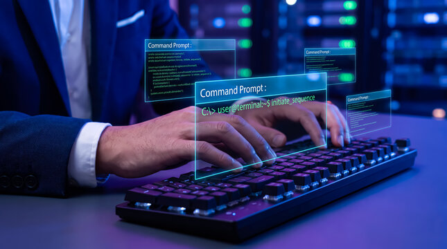 Cybersecurity professional typing on a keyboard in a server room with digital command prompt interface overlays