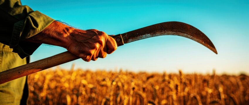 Farmer hand holding rusty sickle over golden wheat field. Manual harvesting in a rural landscape at sunset. Agriculture labor concept, ideal for heritage farming and organic food marketing.