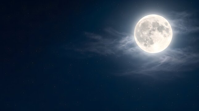 A bright full moon shining in the dark night sky surrounded by thin wispy clouds during a clear evening