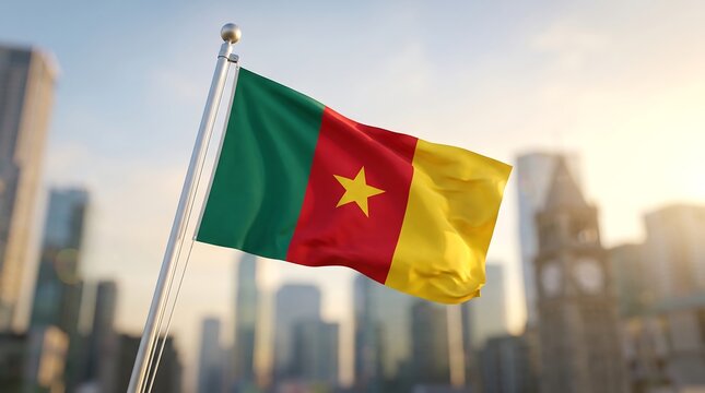 National flag of Cameroon waving on silver pole with blurred city skyscrapers at sunset background
