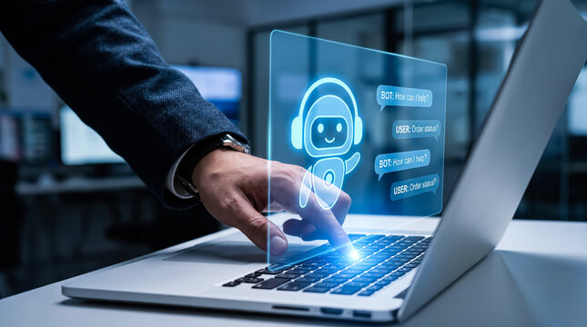 Businessman using laptop with virtual assistant chatbot interface for customer service and automated support