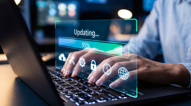 Closeup of a person typing on a laptop with a digital holographic interface showing a software update progress bar at 95 percent