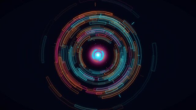 Futuristic cybernetic matrix virtual warp tunnel with neon glowing rings and high tech digital elements rotating on dark background