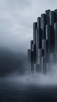 Fondo de presentaci&oacute;n arquitect&oacute;nico de alta resoluci&oacute;n, estructura de columnas de basalto geom&eacute;tricas con bruma matutina