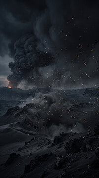 Fondo de presentaci&oacute;n atmosf&eacute;rico de alta resoluci&oacute;n, paisaje de humo de ceniza volc&aacute;nica oscura con brasas doradas flotantes