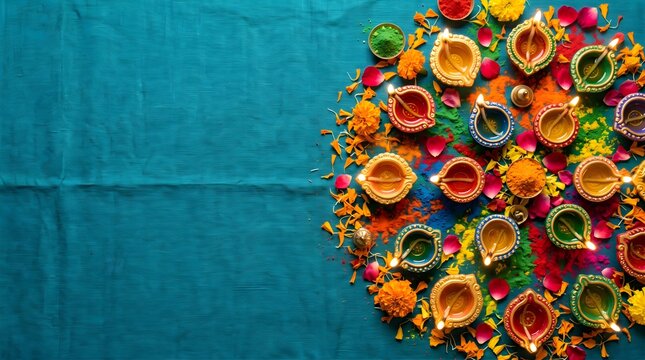 Top view of traditional clay diya lamps arranged in a circular pattern on a textured blue background for diwali festival celebration