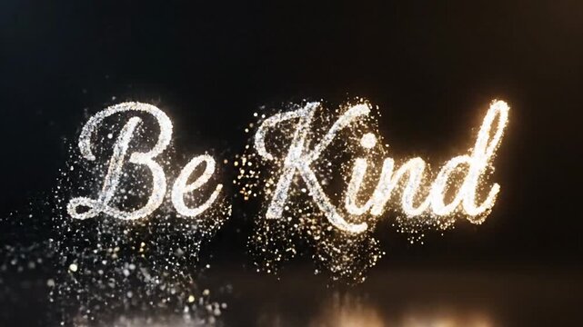 Sparkling glitter text with the inspirational message Be Kind on a dark background.