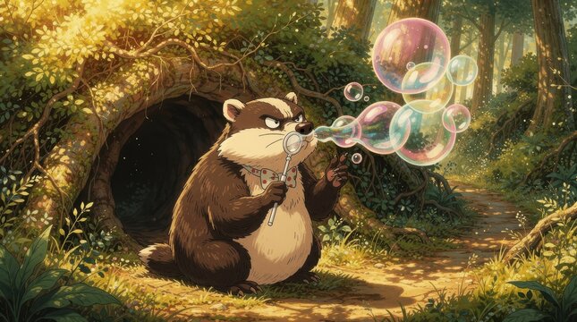 Grumpy badger blowing bubbles in a forest. Whimsical animal character wearing a bowtie near its burrow entrance. Fantasy illustration concept for children's books and creative nature storytelling.