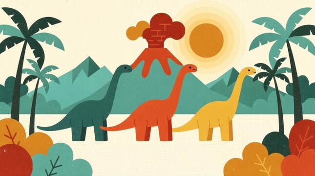 Three colorful long-neck dinosaurs walking through a prehistoric landscape with a volcano. Stylized flat vector illustration featuring mountains and palm trees. Retro dinosaur theme for children.