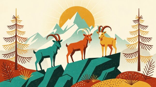 Three stylized mountain goats standing on a rocky ridge under a large sun. Retro flat illustration of ibex animals in a mountain landscape with pine trees. Nature and wildlife conservation theme.