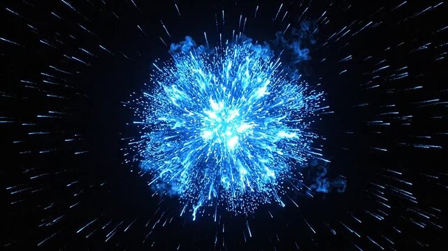 A bright blue firework explosion radiates against a dark background