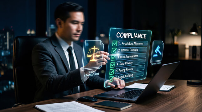 Businessman working on legal compliance and regulatory standards with a futuristic holographic interface, managing risk assessment and data privacy