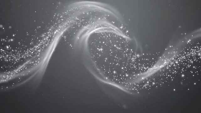Abstract silver light waves with glowing particles on dark background