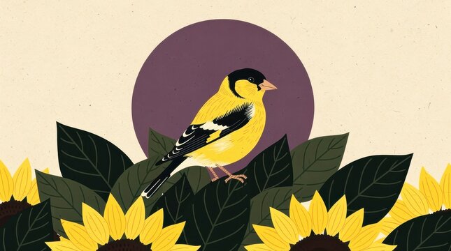 Stylized yellow goldfinch bird perched on green leaves and sunflowers. Artistic illustration with a vintage aesthetic and a purple sun background. Nature and wildlife theme for creative designs.