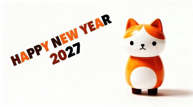 Cute animal figurine with Happy New Year 2027 text. Minimalist holiday design on clean white background. Festive celebration concept for marketing, greeting cards, and social media.