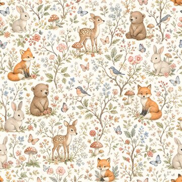 Vintage watercolor woodland seamless pattern with baby deer bear fox bunny and delicate botanical branches, soft natural forest background for kids nursery fabric, gift wrap, tumbler design