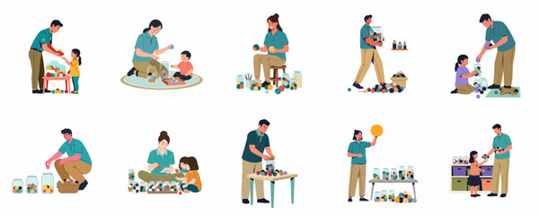 Naklejka premium Set of Flat Vector Illustrations Featuring Parents and Children Organizing Toys into Glass Jars, Teaching Household Responsibility, Tidying Up, and Creative Home Storage Solutions.