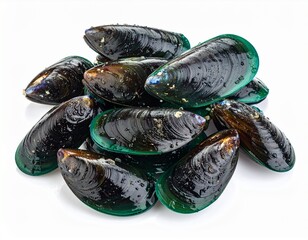 Obraz premium Fresh raw green mussels in closed shells isolated on white background