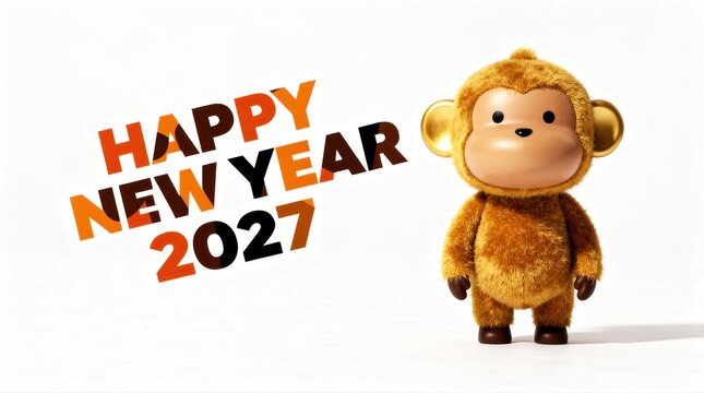Cute toy monkey standing next to Happy New Year 2027 text on white background. Fluffy brown primate character features stylized holiday typography. Festive concept for greeting cards and marketing.