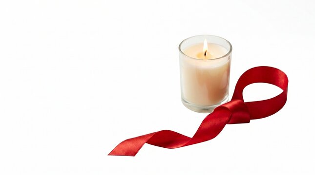 Candle beside a red ribbon. Burning candle in glass with red ribbon on white background. Symbol of support and awareness. 