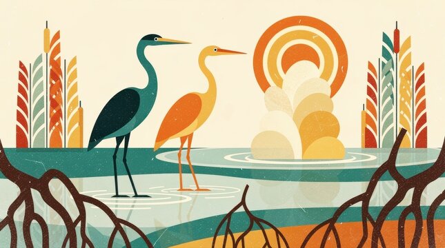 Stylized herons standing in a marsh at sunrise. Mid-century modern flat vector illustration featuring birds in a geometric wetland. Retro nature concept for minimalist decor and wall art.