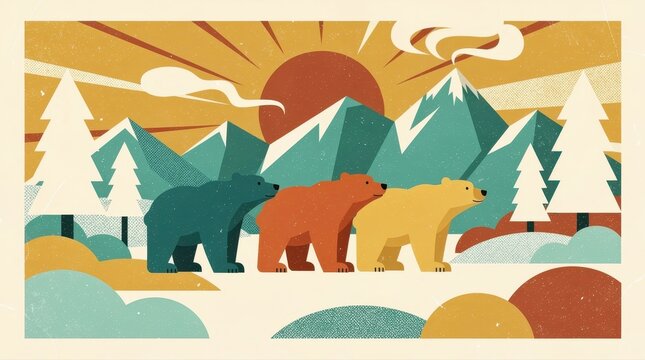 Three stylized bears walking through a mountain landscape with a large sun. Retro flat vector illustration featuring colorful animals and snowy peaks. Vintage nature concept for outdoor posters.