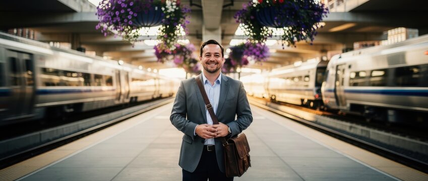 Businessman standing on a train platform between two commuter trains. Smiling professional with leather bag ready for commute. Urban business travel concept for corporate marketing.