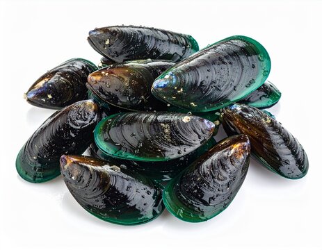 Fresh raw green mussels in closed shells isolated on white background