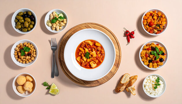 Authentic Spanish Tapas Assortment with Hearty Tripe Stew Chickpeas and Mediterranean Appetizers Flat Lay