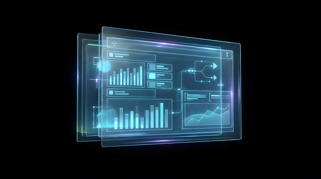 A futuristic holographic digital interface displaying complex financial data charts and analytical statistics on a dark background screen