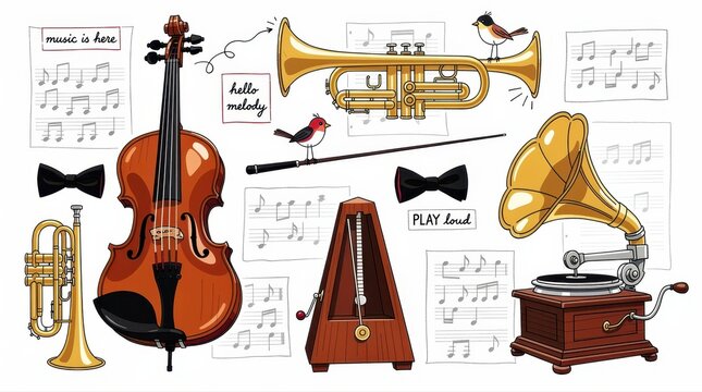 Musical instrument collection featuring violin, trumpet, and vintage gramophone. Hand-drawn illustration includes metronome and sheet music. Artistic music theme for creative design projects.