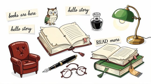 Vintage literary icons set featuring open books, pen, and library furniture. Hand drawn illustrations of owl, glasses, and lamp. Storytelling concept for education and publishing marketing.