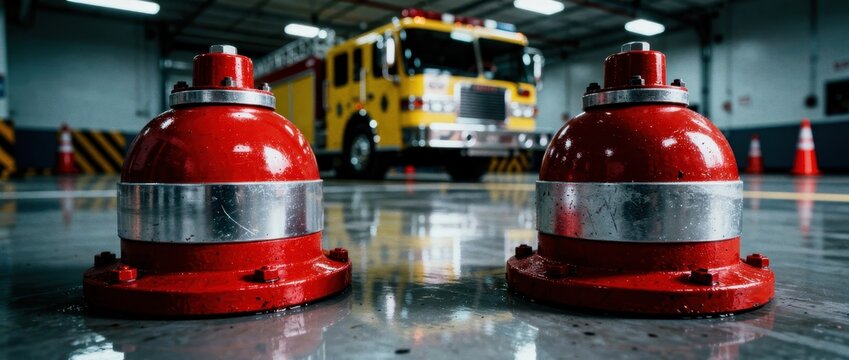 Red fire equipment close-up on reflective station floor. Blurred yellow truck parked in background hangar. Emergency safety concept for firefighting and municipal service marketing.